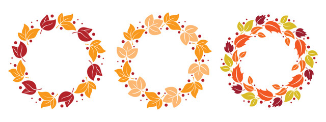 Aesthetics fall wreaths of colorful foliage and berries. Set of round foliage rims of autumn mood. Leaf ring template, vector graphic