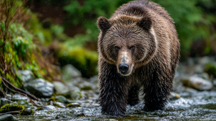 Majestic brown bear crossing a shallow stream in a lush wilderness setting