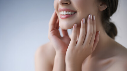Woman smiling with hands on face smile teeth