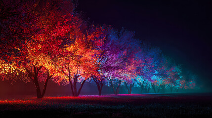 Vibrant illuminated trees creating a magical night scene with colorful foliage and glowing landscape.