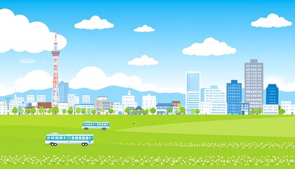 Cityscape with parkland on a sunny day