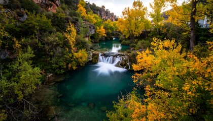 Autumnal mountain stream cascading into a turquoise pool