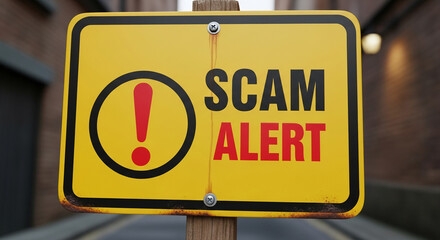 Yellow scam alert sign with black border and red exclamation mark, mounted on wooden post, warning of fraudulent activity