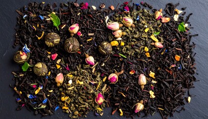 Assorted tea blends on dark slate