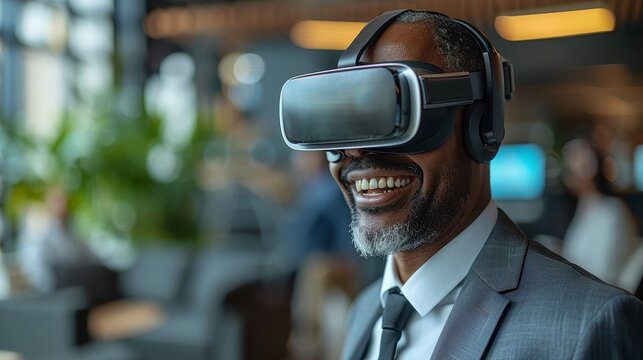 Smiling man wears VR headset in modern office, enjoying the experience