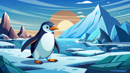 Obraz premium A prehistoric penguin waddles across an icy beach, surrounded by sharp glaciers and frozen sea foam