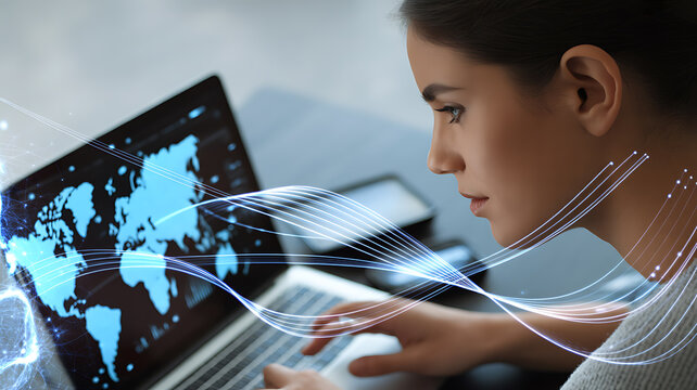 Woman using laptop with glowing world map technology data