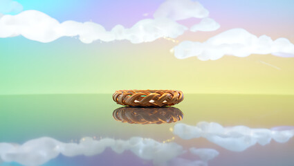 Woven basket on reflective surface with pastel sky and clouds natural material brown