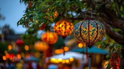 Colorful hanging lanterns illuminating a tree during twilight