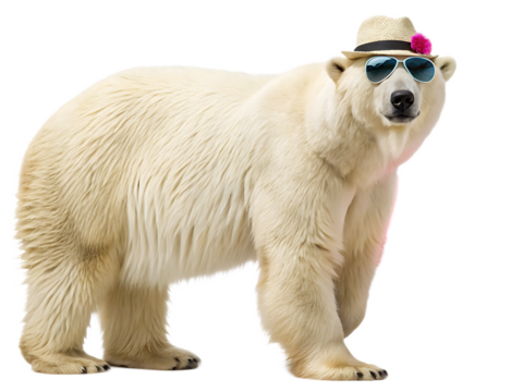A polar bear wearing sunglasses and a hat with a pink pom pom standing on a black background