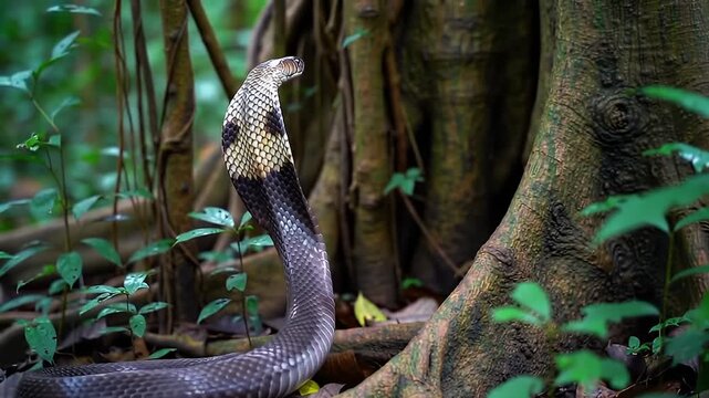 King Cobra Snake in Jungle Forest Raising Its Hood Defensively