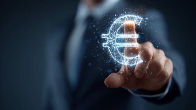 businessman touching euro holograph. digital currency cbdc transfer. dark background