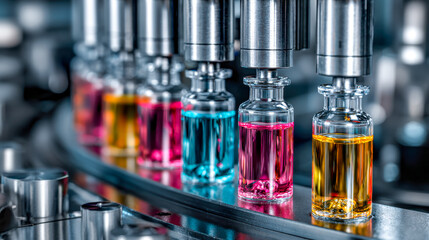 Colorful liquids filling glass vials on an automated production line