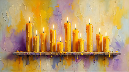 Yellow candles dripping wax on textured background flames light
