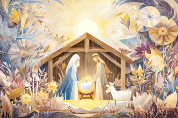 Nativity scene with glowing light, surrounded by floral and nature-inspired artwork, depicting the birth of Jesus with a serene, artistic atmosphere