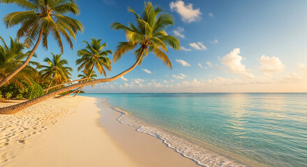 Tropical beach scene with palm trees leaning over white sand and turquoise water, showcasing tranquil beauty and idyllic vacation concept