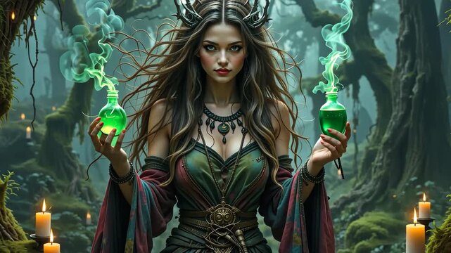 Fantasy woman in gothic outfit holding two green potion flasks surrounded by fog and mystical forest. Concept of dark magic and supernatural fantasy