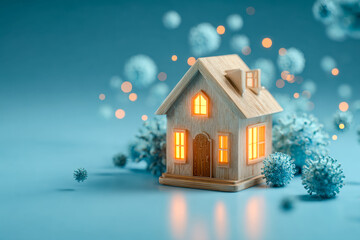 Cozy illuminated dollhouse surrounded by festive decorations and snowflakes