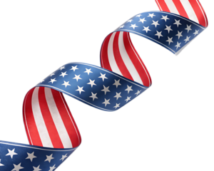 American flag ribbon swirling diagonally against a black background in a patriotic display