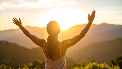Woman Raising Arms at Sunset in Mountain Landscape