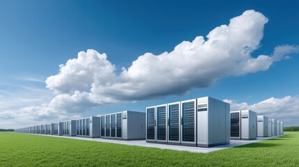 Renewable energy data center. Modern data center with rows of servers under a blue sky and clouds.