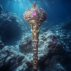 Golden ornate scepter underwater with gemstones in a beautiful aquatic underwater photo