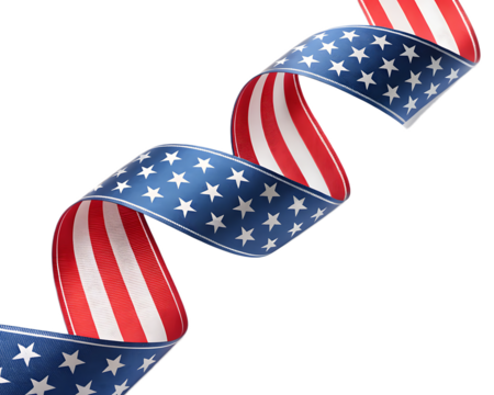 American flag ribbon swirling diagonally against a black background in a patriotic display