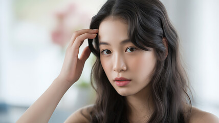 Young East Asian Woman with Wavy Dark Hair young woman portrait