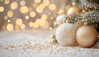 Festive holiday decorations with glittering ornaments and warm bokeh lights