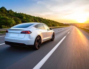 Obraz premium Sleek Electric Car Speeding on Highway at Dusk – Dynamic Motion Blur Photorealistic Scene