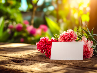 Beautiful pink carnations with a blank note card on a rustic wooden surface in a sunlit garden setting