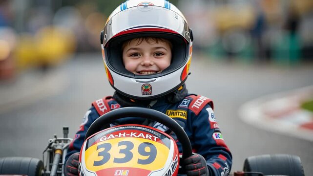 Smiling boy in karting helmet and racing suit holds steering wheel on city street background during competition. Concept of child sports and kart racing