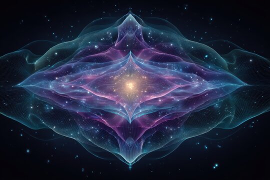 A futuristic and psychedelic holo-serenity ritual taking place in a serene environment. The image showcases a unique and vibrant event filled with energy and enchantment.