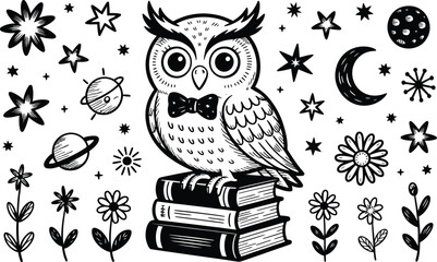 Obraz premium Black and white owl on books with stars planets flowers and moon illustration