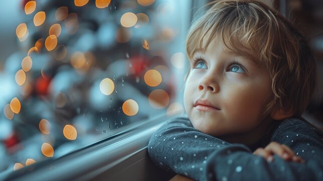 Boy gazes out a window at blurry lights, thoughtful expression