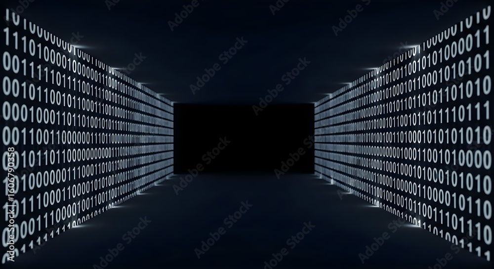 Poster digital tunnel displaying binary code. data stream flowing on a dark background. concept of computin