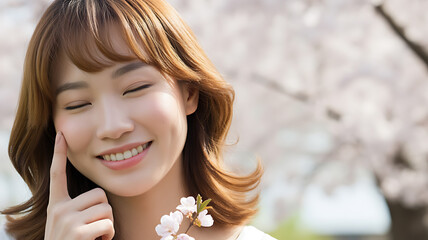 Young woman with cherry blossoms smiling closed eyes