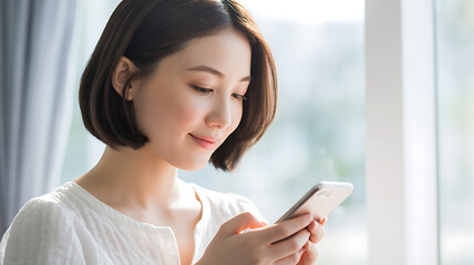Young woman with short dark hair looking at her phone east asian short hair