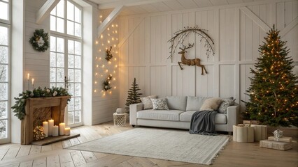 Minimalist Loft Living Room with Floating Stairs and Tabletop Tree