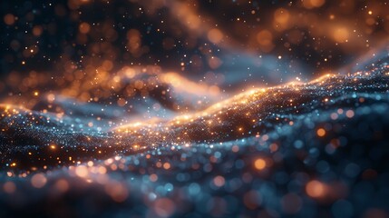 Naklejka premium Abstract glittering waves; teal and orange particles, depth of field