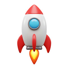 Cartoon rocket ship launching with fiery exhaust isolated on transparent background