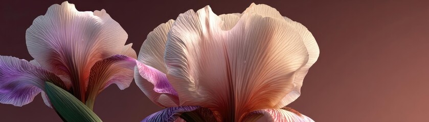Iris minimal with tempo and flower concept. Delicate close-up of beautiful blooming iris petals in soft hues.