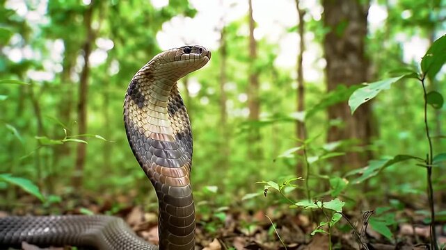 King Cobra in Green Forest &ndash; Focused Predator in Vibrant Habitat