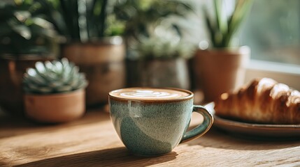 Coffee cup with a cappuccino on a wooden table in the kitchen, with morning light. A croissant is nearby, and there are green plants in pots in the background. Sunlight streams in from the window. 