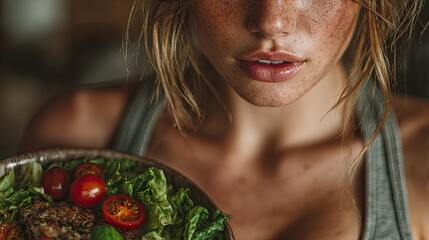 Close up of sporty woman eating healthy food in home kitchen.