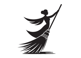 broom silhouette vector logo illustration, cleaning broom logo design, halloween witch broom silhouette  vector logo,  broom cleaning tool logo vector silhouette on white background