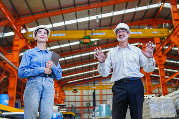 Senior engineer giving team briefing inside metal roofing factory, with workers listening...