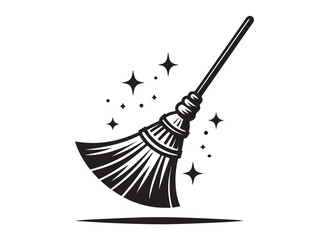 broom silhouette vector logo illustration, cleaning broom logo design, halloween witch broom silhouette  vector logo,  broom cleaning tool logo vector silhouette on white background