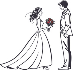 One Line Wedding Couple Drawing – Minimalist Bride and Groom Illustration in Black and White