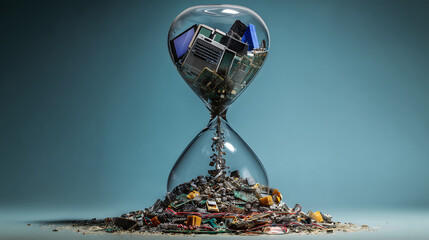 Hourglass filled with electronic waste on a blue background